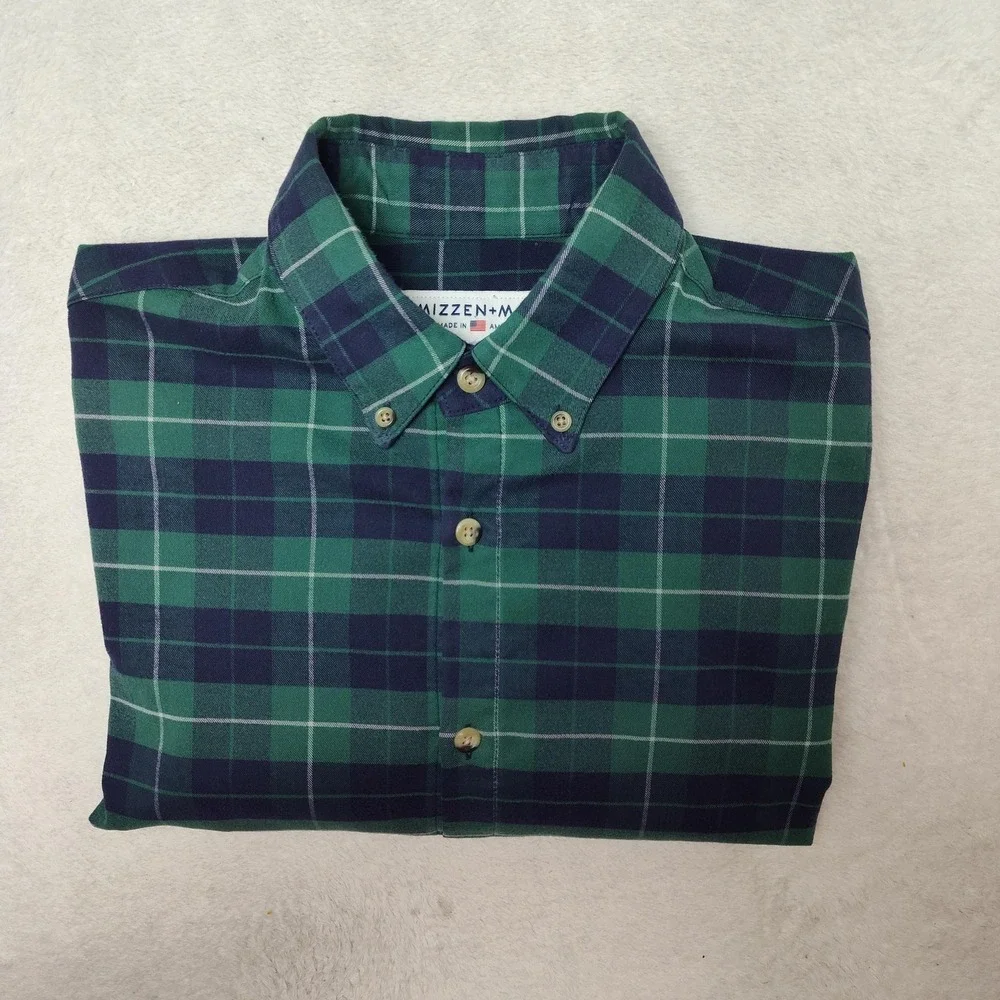 Mizzen+Main‎ Shirt Mens Large Green Plaid Button-Up Flannel Slim Trim Fit USA